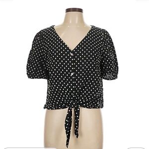 LOFT Black and White Polka Dot, Puff Sleeve, Front Tie